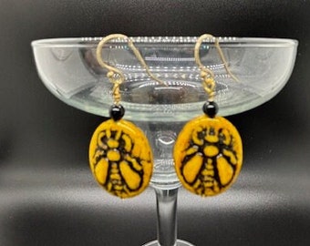 Bees! "Wild Honey" Earrings.  Gold Plated Sterling Earwires.  Czech Glass Honey Been Drop. Gold and Black. Pollinators! Women's Earrings.