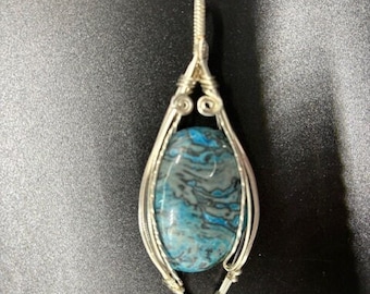 Wire Wrapped Cabochon Pendant. Beautiful Ocean Jasper. Silver Wire. Blue, Gray, Black. Stunning Neclace Focal Pendant. "It's A Wrap"