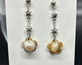 Sterling Silver and Mother of Pearl Earrings.  Post Earrings, Star Chain.  Flower Beads.  "Sweetest"