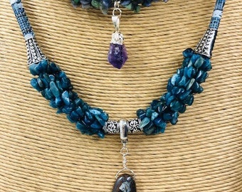 Gemstone Chip Necklaces with Focal Gem Beads.  Leather Neck Cord.  Magnetic Clasps. "Free Stone"