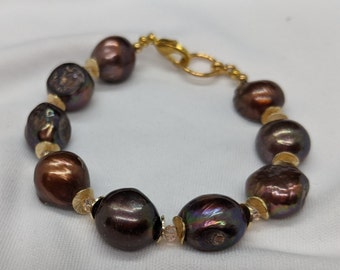 Pearl Bracelet - Brown Baroque Freshwater Pearls, Gold Metal Accents - Trigger Clasp