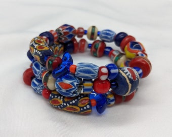 Colorful African Glass Bead Memory Wire Wrap Bracelet, "Under African Skies"