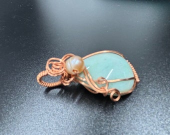 Copper Wire Wrapped Cabochon Pendant. Beautiful Amazonite with Pearl. Silver Wire. Blue, Stunning Neclace Focal Pendant. "It's A Wrap"