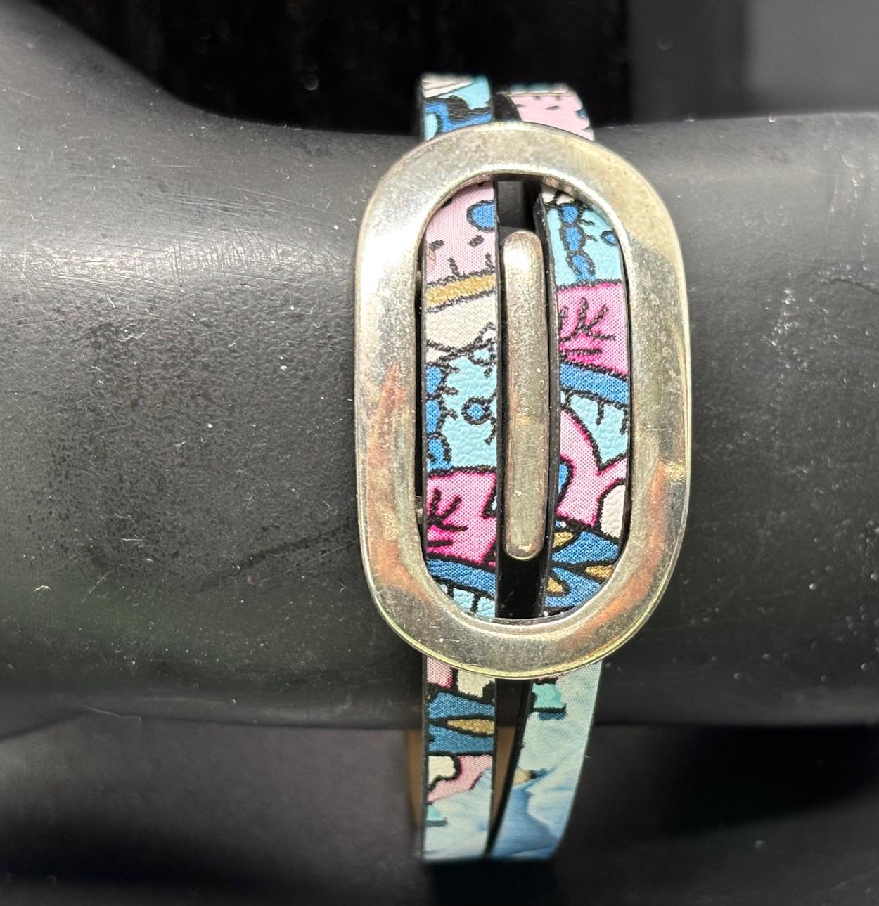 Charming Leather and Metal Cuff Bracelet. Pink, Blue, and White,  Silver Focal Piece.  Silver Magnetic Clasp. Spring Colors. Size Small