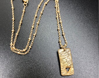 Precious Metal Clay Pendant Necklace, Women's Bronze Necklace, Dark Gold Color, 16" Chain, Rectangle Pendant, "Fortress Around Your Heart"