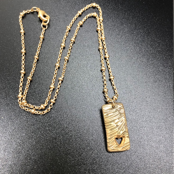 Precious Metal Clay Pendant Necklace, Women's Bronze Necklace, Dark Gold Color, 16" Chain, Rectangle Pendant, "Fortress Around Your Heart"