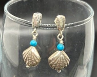 Sterling and Turquoise Earrings. Hill Tribe Charms, Sterling Posts. Shell Shape Beach Ocean Earrings "How Deep is the Ocean"