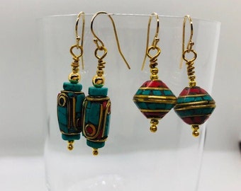 Gemstone and Metal Bead Earrings, Gold, Blue, Red Drop - Gold Filled Ear Wires - Mother's Day - "Marrakesh Express"