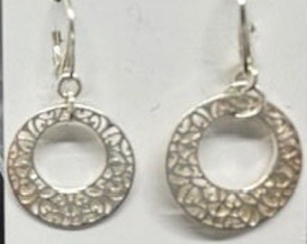 Beautiful Lacy Circular Drop Earrings. Sterling SIlver. Lever-Back Wires.  Ellegant, Intricate Pattern. "Circle Game"