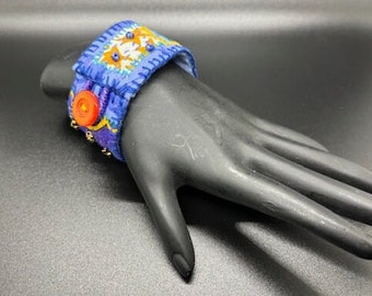 Boho Fabric Bracelet, Hand-Sewn, Purple, Blue, Orange, Decorative Cuff Style Button Bracelet