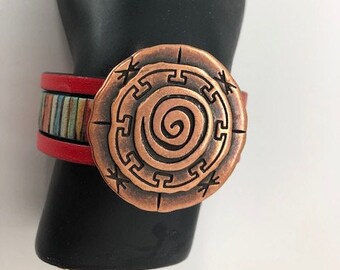 Beautiful Leather and Copper Cuff Bracelet, Mandala Centerpiece, Magnetic Closure "The Great Mandala"