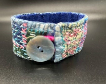 Boho Fabric Bracelet, Hand-Sewn, Blue, Green, Pink Decorative Cuff Style Button Bracelet