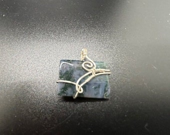 Wire Wrapped Cabochon Pendant. Beautiful Moss Agate. Silver Wire. Green, Gray. Stunning Neclace Focal Pendant. "It's A Wrap"