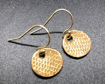 Small Round Precious Metal Clay Bronze Earrings, Dark Gold Color, Gold Filled Wires, Women's Textured Metal Earrings, "Up Down All Around"