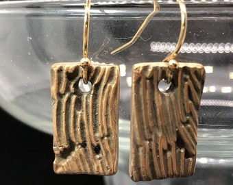 Bronze Precious Metal Clay Earrings, Women's Dark Gold Color Earrings, Gold Filled Ear Wires, Nature Earrings, "Songs From the Wood"
