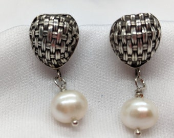 Sterling Silver and Pearl Pierced Post Dangle Earrings, Woven Heart Post, White Freshwater Pearl, "Straight From the Heart"