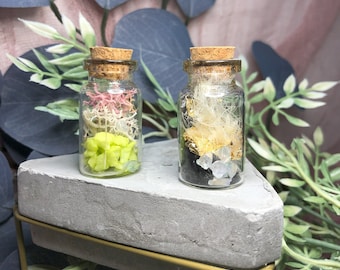 May include: Two small glass jars with cork tops, filled with various natural elements. The jar on the left contains pink, white, and green materials. The jar on the right contains gold flakes, white crystals, and black stones.