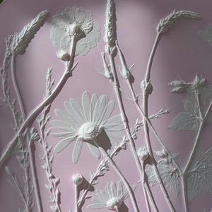 May include: A close-up of a light pink relief design with white wildflowers and grasses. The design features daisies and other delicate blooms, with detailed textures and shadows, creating a tactile effect.