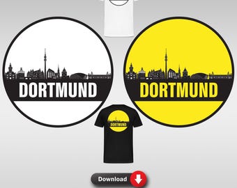 May include: A set of six digital files featuring a black and white silhouette of the Dortmund skyline with the word "Dortmund" in black text. The skyline is displayed on a white circle, a yellow circle, and a black t-shirt. The t-shirt is also available in white.