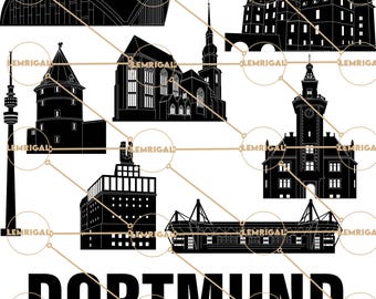 May include: Black and white silhouette illustration of the city of Dortmund, Germany. The illustration includes landmarks such as the Westfalenstadion, the Dortmund U-Tower, and the Reinoldikirche.