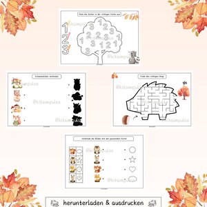 May include: A set of printable educational worksheets with autumn themes. Includes a number coloring page, a shadow matching game, a maze, and a shape-matching exercise. The worksheets are decorated with fall leaves.