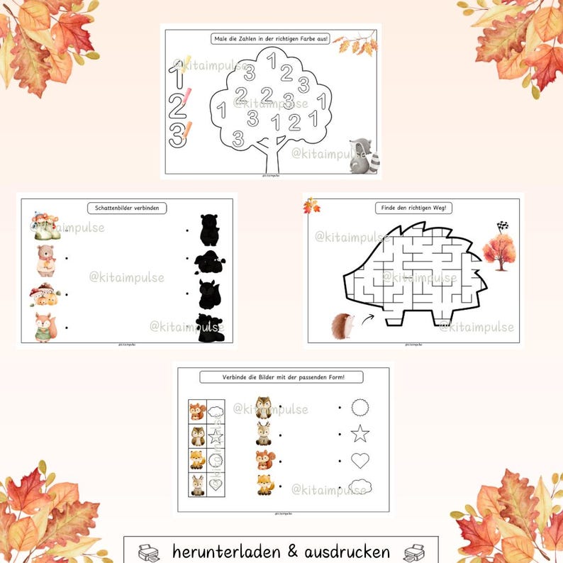 May include: A set of printable educational worksheets with autumn themes. Includes a number coloring page, a shadow matching game, a maze, and a shape-matching exercise. The worksheets are decorated with fall leaves.