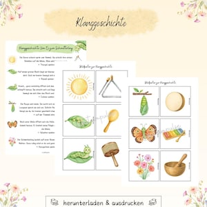 Puede incluir: Imprimibles educativos con ilustraciones en acuarela y texto en alem&aacute;n. Incluye una historia sobre una oruga que se transforma en mariposa, con im&aacute;genes de un sol, una hoja e instrumentos musicales. El texto dice "Klanggeschichte" y "herunterladen & ausdrucken".