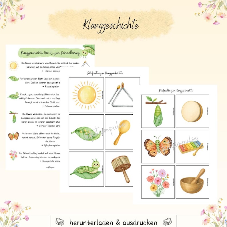 Puede incluir: Imprimibles educativos con ilustraciones en acuarela y texto en alem&aacute;n. Incluye una historia sobre una oruga que se transforma en mariposa, con im&aacute;genes de un sol, una hoja e instrumentos musicales. El texto dice "Klanggeschichte" y "herunterladen & ausdrucken".