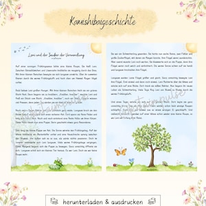 Puede incluir: Doble p&aacute;gina de un libro infantil con texto e ilustraciones en alem&aacute;n. Las p&aacute;ginas presentan una historia sobre una oruga que se transforma en mariposa, con im&aacute;genes de flores, &aacute;rboles e insectos.