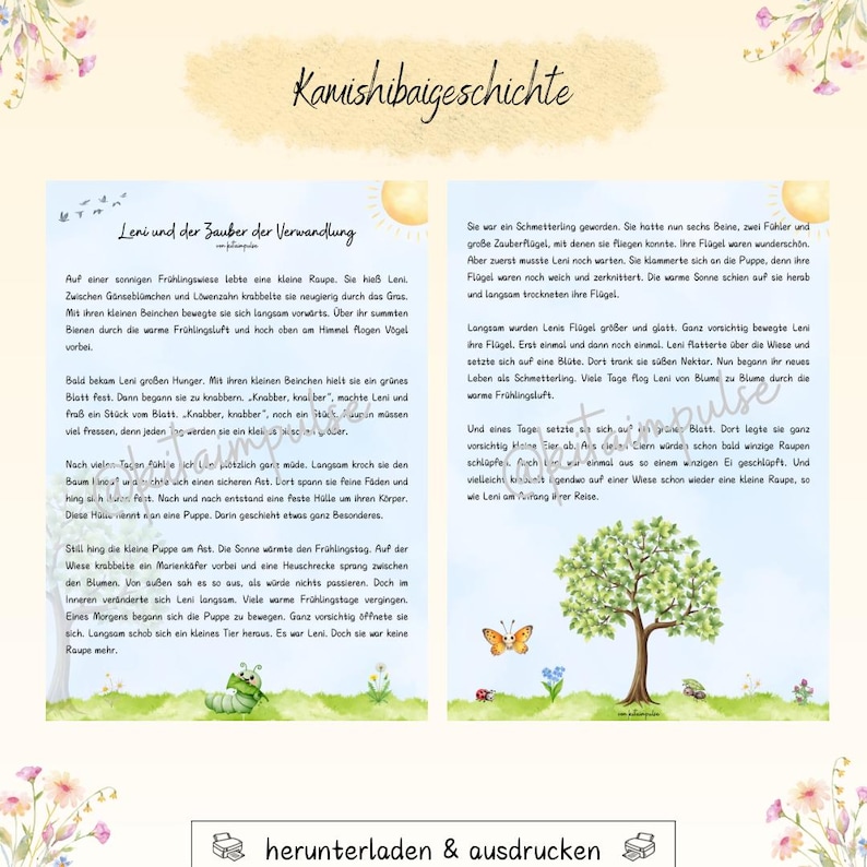 Puede incluir: Doble p&aacute;gina de un libro infantil con texto e ilustraciones en alem&aacute;n. Las p&aacute;ginas presentan una historia sobre una oruga que se transforma en mariposa, con im&aacute;genes de flores, &aacute;rboles e insectos.