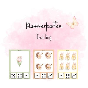 Könnte beinhalten: Lehrkarten im Aquarellstil mit Frühlingsillustrationen. Die Karten zeigen eine Tulpe, Igel mit Bienen und Hasen mit Blumen. Der Text "Klammerkarten Frühling" ist kursiv geschrieben. Ein Schmetterling befindet sich in der oberen rechten Ecke.