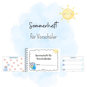 Puede incluir: Un cuaderno de trabajo para preescolares con espiral, titulado "Sommerheft für Vorschüler". La portada presenta una ilustración de un elefante, un sol y el texto "Name:". Páginas adicionales muestran ejercicios de dibujo y criaturas marinas.