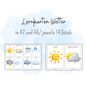 May include: Watercolor flashcards featuring weather illustrations. The cards display images of the sun, clouds, rain, and other weather conditions. Text on the cards reads "Lernkarten Wetter" and "in A7 und A5/ jeweils 14 Stück."