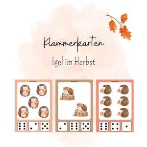 May include: Three educational cards with illustrations of hedgehogs in autumn colors. Each card features a different arrangement of hedgehog illustrations and dice, with the text "Klammerkarten Igel im Herbst" at the top.