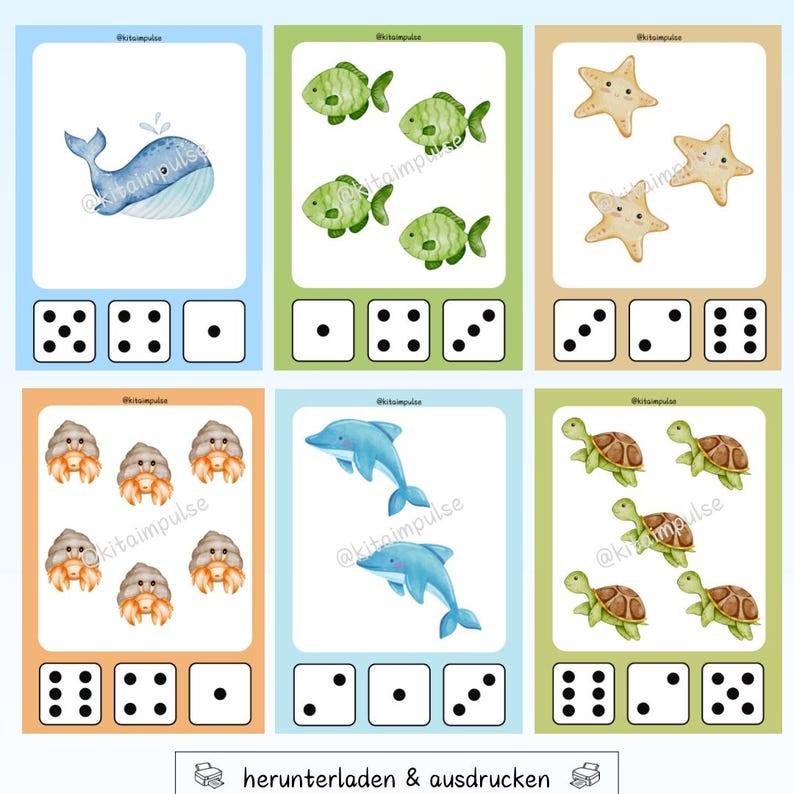 May include: Educational flashcards featuring watercolor illustrations of marine animals, including a whale, fish, starfish, hermit crabs, dolphins, and turtles. Each card displays a different number of objects and dice for counting practice. The cards are in various colors.