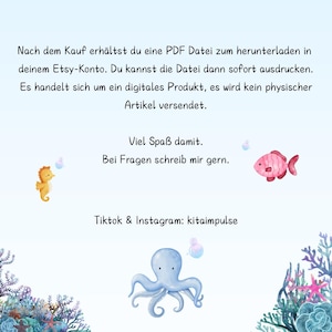 May include: A digital product announcement with text in German, including "Nach dem Kauf erh&auml;ltst du eine PDF Datei..." and "Tiktok & Instagram: kitaimpulse." The image features watercolor illustrations of a seahorse, fish, octopus, and coral.