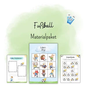 以下が含まれることがあります： サッカーをテーマにしたアクティビティセット。Fußball Materialpaket、Fußball-Bingo、Mein Fußballabenteuer、Fußball Sudokuというテキストが印刷されたシートが含まれています。各ページには、サッカーをする様々な動物の水彩画が描かれています。