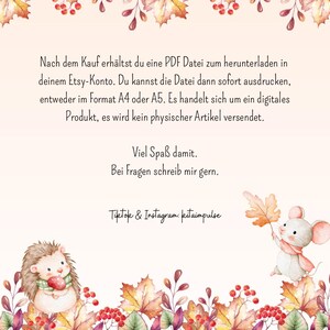 May include: A digital product announcement in German, with a watercolour illustration of a hedgehog and a mouse, surrounded by autumn leaves and berries. The text details the digital download process.
