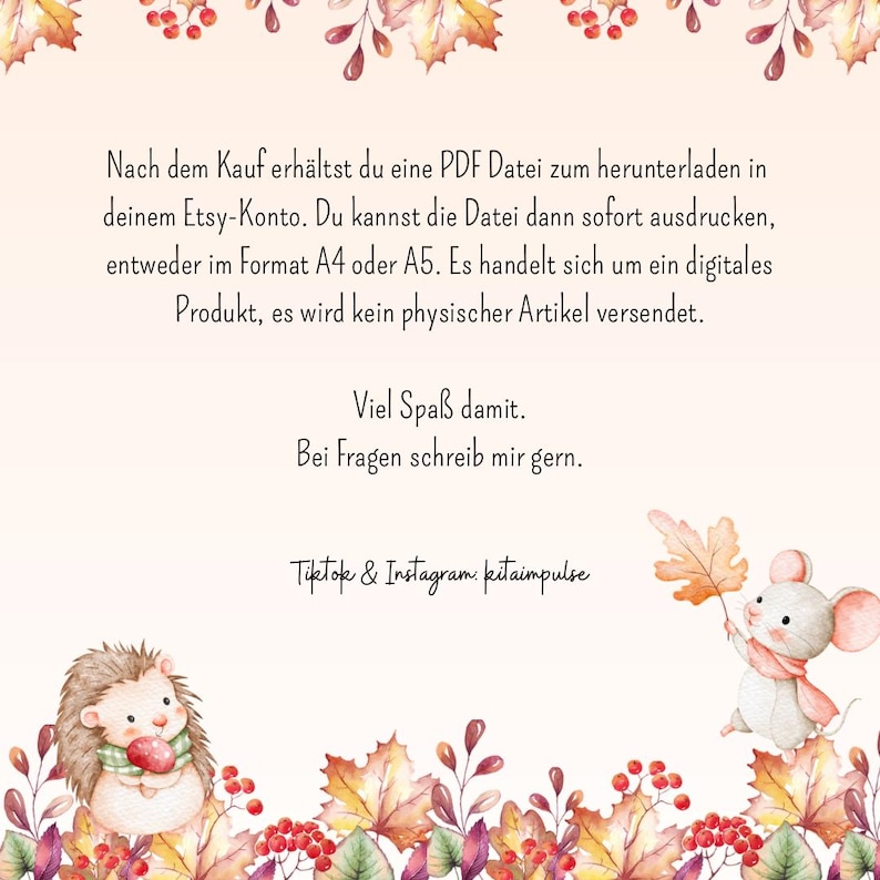 May include: A digital product announcement in German, with a watercolour illustration of a hedgehog and a mouse, surrounded by autumn leaves and berries. The text details the digital download process.