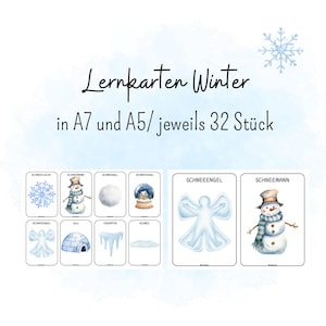 Könnte beinhalten: Winter-Lernkarten mit Aquarell-Illustrationen von Schneeflocken, Schneemännern und Schneeengeln. Die Karten sind auf Deutsch beschriftet mit den Worten "Lernkarten Winter" und dem Text "in A7 und A5/ jeweils 32 Stück".