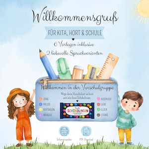 Könnte beinhalten: Eine digitale Illustration mit einem blauen Federmäppchen und Schulmaterialien wie Stift, Radiergummi und Lineal. Zwei Kinder stehen neben dem Mäppchen, das den Text Willkommensgruß, Willkommen in der Vorschulgruppe und Bunte Schokolinsen sowie eine Liste deutscher Wörter und ein Sonnensymbol zeigt.
