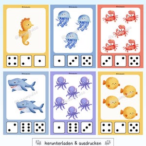 May include: Six colorful cards featuring sea creatures and dice. The cards display a seahorse, jellyfish, crabs, sharks, octopuses, and pufferfish. Each card has a different number of dice at the bottom. The text "@kitaimpulse" is visible on each card.