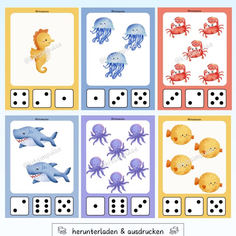 May include: Six colorful cards featuring sea creatures and dice. The cards display a seahorse, jellyfish, crabs, sharks, octopuses, and pufferfish. Each card has a different number of dice at the bottom. The text "@kitaimpulse" is visible on each card.