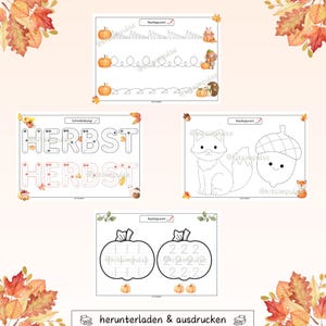 May include: Printable autumn-themed activity sheets with tracing exercises, a fox and acorn to colour, and number practice with pumpkins. The word "HERBST" is also featured. Decorative fall leaves and pumpkins are included throughout the sheets.