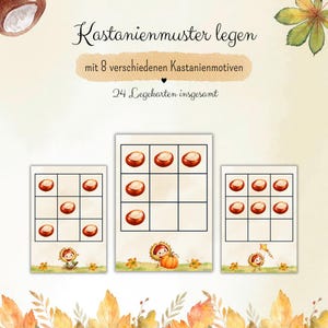 Puede incluir: Tres tarjetas rectangulares con un patrón de cuadrícula e ilustraciones de castañas. El texto dice: Kastanienmuster legen, mit 8 verschiedenen Kastanienmotiven, 24 Legekarten insgesamt. Cada tarjeta muestra una cuadrícula con castañas marrones y pequeños personajes ilustrados en la parte inferior.