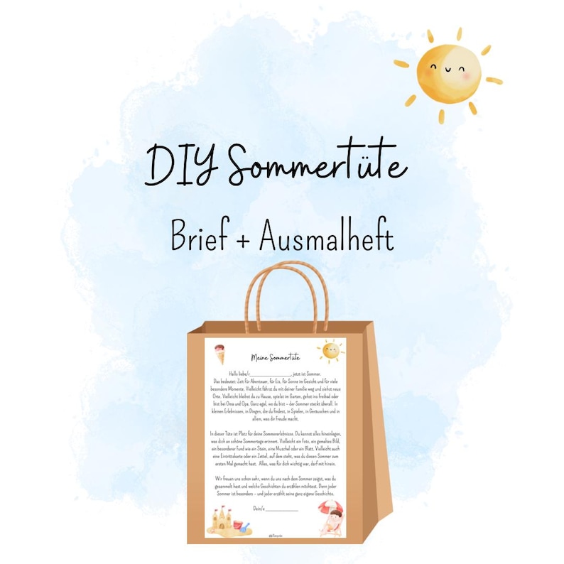 以下が含まれることがあります： 「DIY Sommert&uuml;te Brief + Ausmalheft」の文字が入った、持ち手付きの茶色の紙袋。袋の中には手紙と塗り絵が入っており、アイスクリーム、太陽、ビーチのシーンのイラストが描かれています。右上には漫画の太陽があります。