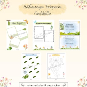 Puede incluir: Una colecci&oacute;n de hojas de trabajo imprimibles con un tema de mariposas y naturaleza. Las hojas de trabajo incluyen plantillas para fotos, indicaciones de escritura, p&aacute;ginas para colorear y un poema. El texto en las hojas de trabajo incluye "Unser Projekt" y "Schmetterlingszeit".