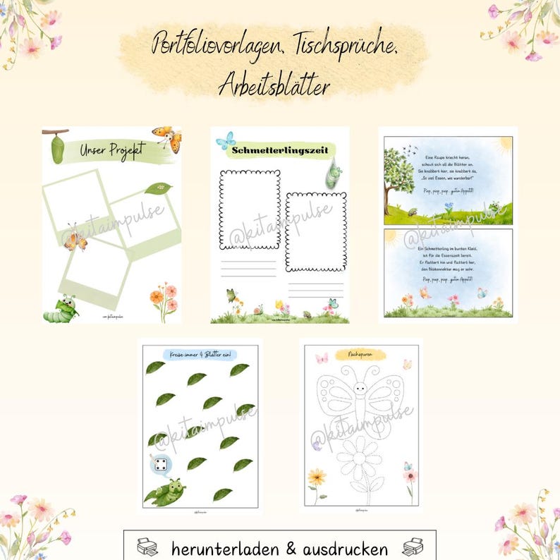 Puede incluir: Una colecci&oacute;n de hojas de trabajo imprimibles con un tema de mariposas y naturaleza. Las hojas de trabajo incluyen plantillas para fotos, indicaciones de escritura, p&aacute;ginas para colorear y un poema. El texto en las hojas de trabajo incluye "Unser Projekt" y "Schmetterlingszeit".