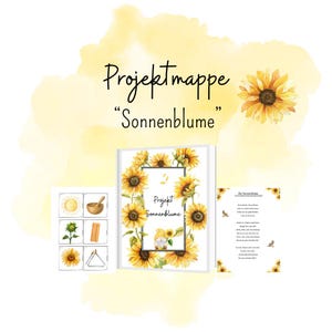 Puede incluir: Material educativo con temática de girasoles. El elemento principal es un cuaderno titulado "Projektmappe Sonnenblume", rodeado de girasoles en acuarela. También se incluyen tarjetas adicionales y una hoja de poema, todo sobre un fondo amarillo acuarela.