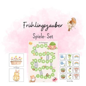 Pode incluir: Um conjunto de jogos em estilo aquarela com o texto "Frühlingszauber Spiele- Set". O conjunto inclui um tabuleiro de jogo com círculos numerados, escadas e ilustrações de flores, uma casa e um gnomo. Cartas adicionais apresentam regadores, sapos, arco-íris e outras imagens temáticas da primavera.